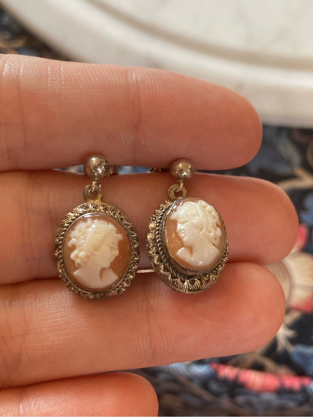 Antique Carved Shell or Stone Cameo Earrings 800 Silver